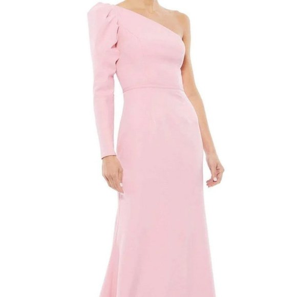 Ieena Mac Duggal Rose Pink Puff Long Sleeve One Shoulder Gown